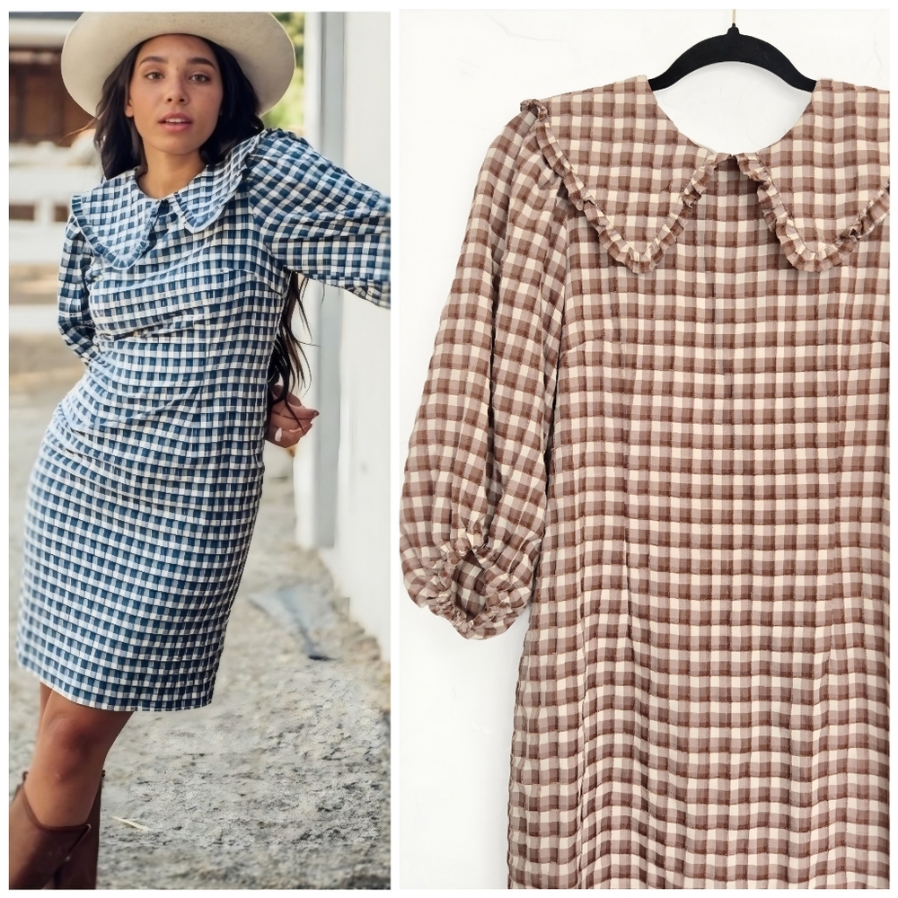 JessaKae Gingham Plaid Puff Sleeve Collar Brown Cream Dress, M